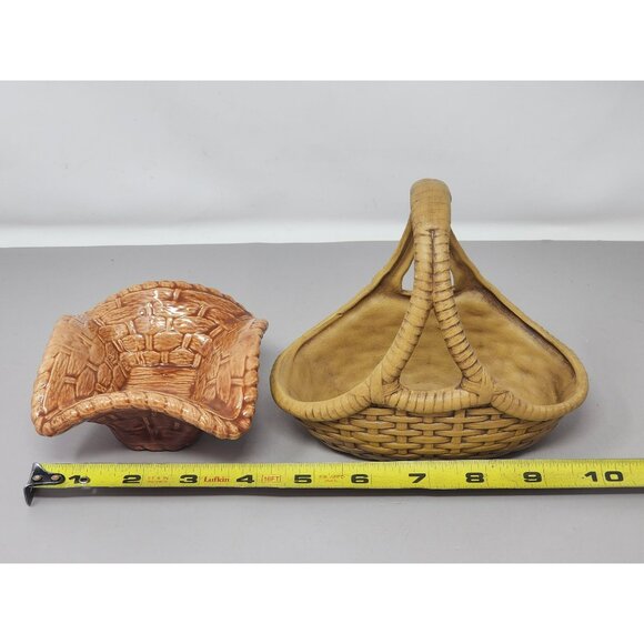 Vintage Ceramic Basket Set With Handle & Woven Design One Is Signed - Picture 9 of 11